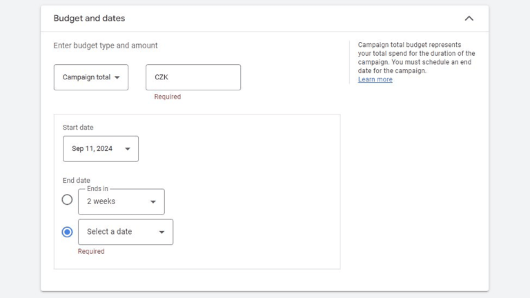 Screenshot of a budget and dates form for a Demand Gen campaign. The form asks for the Total Campaign amount in CZK, start date, and end date options. The end date can be specified by duration (e.g., 2 weeks) or by selecting a specific date.