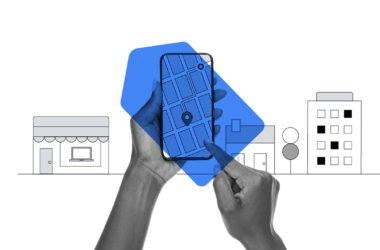 Illustration of hands holding a smartphone with a digital map display. Background features minimalistic buildings and shops, indicating urban navigation. The blue overlay emphasizes focus on the GPS/maps application in use.