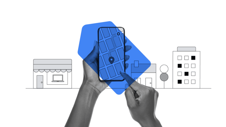 Illustration of hands holding a smartphone with a digital map display. Background features minimalistic buildings and shops, indicating urban navigation. The blue overlay emphasizes focus on the GPS/maps application in use.