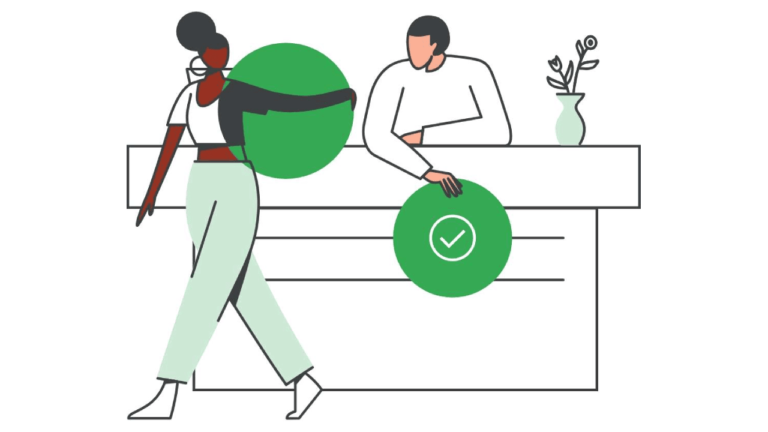 Illustration of a person walking past a reception desk while another person stands behind it. The walking person holds a green circle, and the standing person places a hand on a green circle with a white checkmark. A vase with flowers is on the desk.