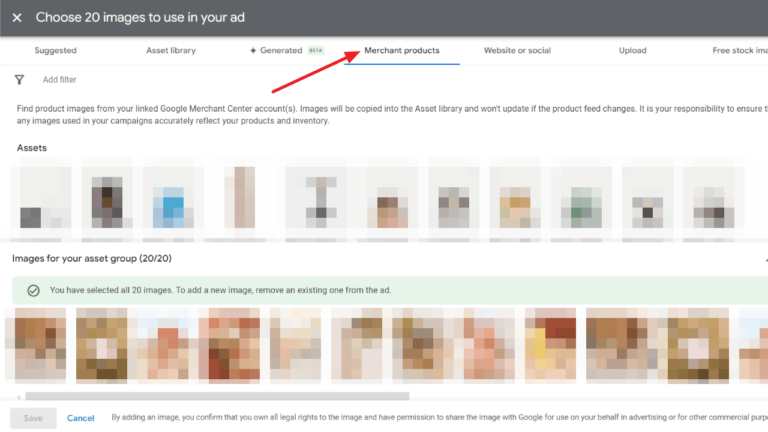 Screenshot of a Google Ads interface with various image selection options for ads. The "Merchant products" tab is highlighted with a red arrow, indicating images pulled from linked Google Merchant Center accounts. Thanks to the Merchant Image Integration, twenty images are selected for the ad campaign.