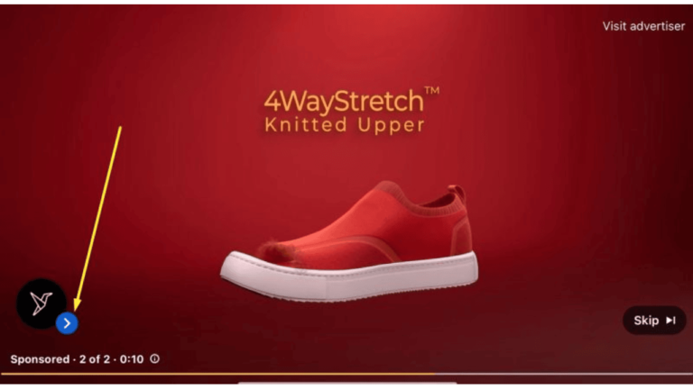 A red shoe with a white sole is displayed against a red background. The text on the screen reads "4WayStretch Knitted Upper." A yellow arrow points to "Sponsored - 2 of 2 - 0:10" on YouTube, and a "Skip" button appears in the bottom right corner near your profile picture.