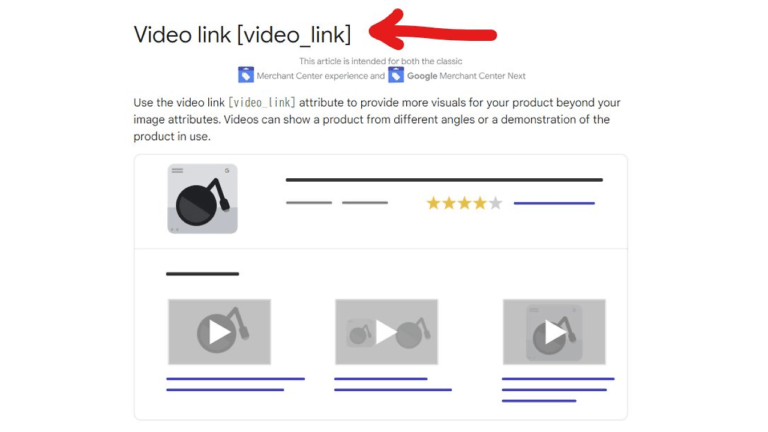 A screenshot of a web page showing a tutorial for adding a video link in Google Merchant Center. A red arrow points to the Video Link Attribute with text above indicating its purpose. Below, there are example product listings with placeholder images, descriptions, and star ratings to optimize your Google Merchant Feeds.