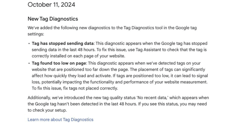 Screenshot of a webpage detailing new GA4 Tag Diagnostics for Google tag settings. It explains issues like "Tag has stopped sending data" and "Tag found too low on page," with guidance on solutions. There's a link to learn more about Google Updates and Status Warnings.