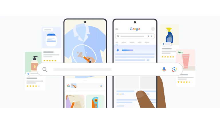 Illustration of three smartphones displaying online search results, from shirts to shopping ads and ratings. A giant search bar overlays the center with a finger pointing at it, capturing the essence of US mobile users’ ad interactions and AI overviews in modern digital spaces.