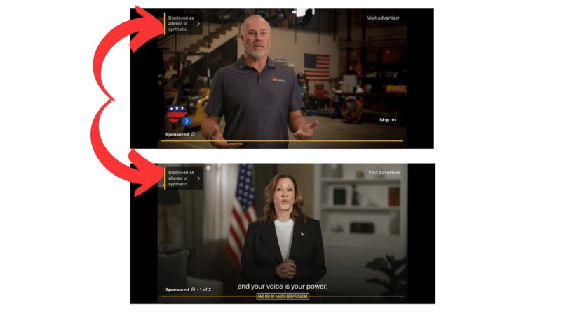 The image displays two video stills. The top shows a man speaking at a workshop with an "Sponsored 0" tag, while the bottom features a woman in a professional setting against the U.S. flag backdrop, also labeled "Sponsored 0." Arrows connect them, hinting at political ads influencing upcoming elections.