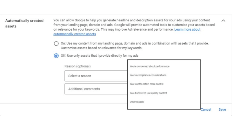 A screenshot from Google Ads displays an option to disable Auto-Created Assets. The interface includes a dropdown menu for selecting a reason, like "You're concerned about performance," space for additional comments, and Save/Cancel buttons, much like a Feedback Form.