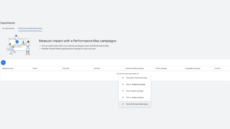 Screenshot of a webpage titled "Experiments" showcasing options for creating a new PMax Experiment with Performance Max campaigns. It features a dropdown menu for selecting campaign types, highlighting Automated Asset Testing, and an illustration on the left.