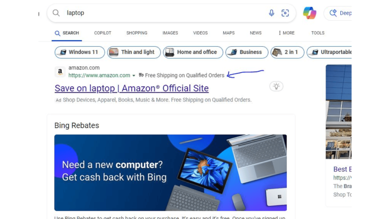 A Google search results page for "laptop" features the first link to Amazon's official site, promoting free shipping on qualified orders. On the right, Bing Ads showcase an advertisement with laptops and a cashback offer, enticing users with attractive deals.