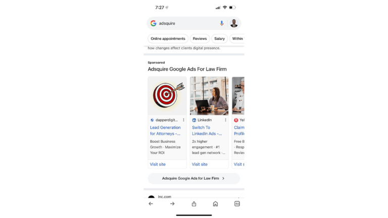 Screenshot of a smartphone showing Google search results. The query "adsquire" is entered, displaying online appointments and reviews options. A sponsored ad for Adsquire Google Ads for Law Firm is visible with an image of a target and a man with a laptop, seamlessly integrated via Auto Draft technology.