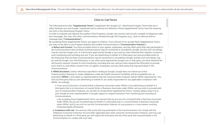 Screenshot of Google’s "Click-to-Call Terms" for advertising highlights a message about legal acceptance and advertiser compliance. Includes a detailed list of supplemental terms for using Google's call and messaging ads effectively and securely, ensuring seamless integration with Google Ads.