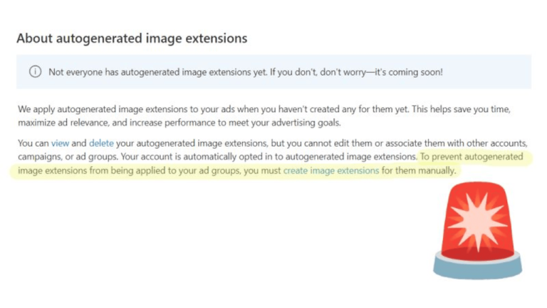 Screenshot of a webpage covering autogenerated image extensions in Microsoft Ads. Text highlights the crucial prevention of autogenerated extensions in ad groups and advises manual creation using creative assets. A red alert icon is shown in the bottom right corner.