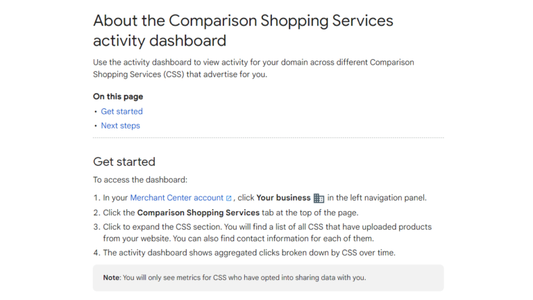 Screenshot of a webpage titled "About the Comparison Shopping Services Activity Dashboard." It includes steps to access the dashboard and notes about metrics visibility for CSS that have opted into data sharing.