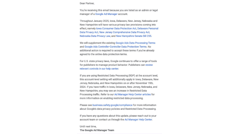 Screenshot of an email from the Google Ad Manager Team detailing upcoming 2025 privacy changes and data processing terms for U.S. states, including Iowa, Connecticut, and Colorado. It includes instructions for accepting updated terms and links for more information on Google Ads policies.