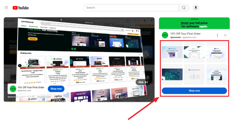 Screenshot of a YouTube video ad for Appsumo, showcasing enticing offers like "10% Off Your First Order." Various software deals are visible, with a prominent call to action: "Shop now" and explore the Auto Draft feature for seamless content creation.