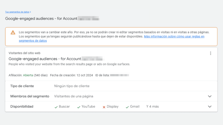 A screenshot of the Google Ads interface showcases a notification about changes in Google's Engaged Audiences. It details website visitors, client type, and segment membership, with options for Search, YouTube, Display, Gmail, and more.