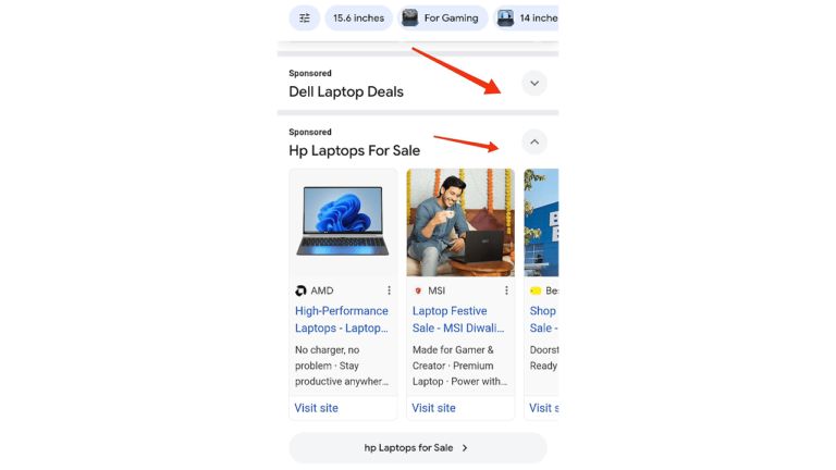 A screenshot of a webpage features sponsored listings for laptops, including "Dell Laptop Deals" and "HP Laptops For Sale." Below are images with descriptions and links. Red arrows highlight the ads, showcasing Google Tests on Expandable Search Ads for enhanced visibility and user engagement.