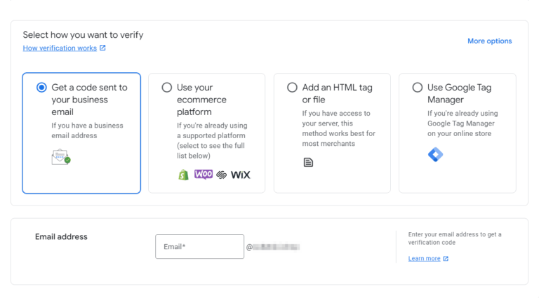 The screenshot displays options to verify websites, such as receiving a code via email, using an ecommerce platform, adding an HTML tag, or utilizing Google Tag Manager. A field for entering an email address is included. This GMC Next update makes business verification seamless and efficient.