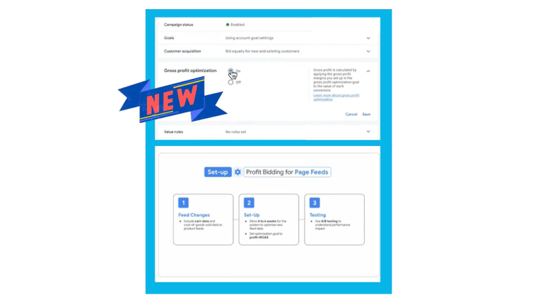 A digital dashboard integrates Google Ads with "Campaign status" marked as "Enabled." It features sections on "Goals" and "Gross profit optimization," symbolized by a light bulb icon. Below, the "Set up" section outlines steps like "Feed Changes" and testing, all highlighted under a bold "NEW" banner.
