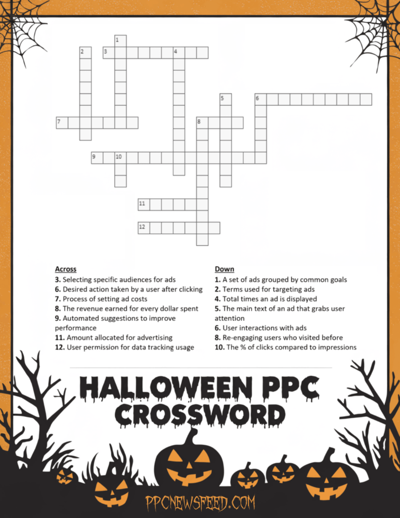 The "Halloween PPC Crossword" is a spooky themed puzzle with clues tied to PPC. It features festive elements like pumpkins, spider webs, and bats.