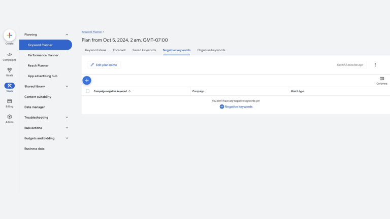 The Google Ads Keyword Planner interface features the "Negative keywords" tab prominently, offering options to create and manage keywords. On the left, the main menu includes a "Search" option, with buttons ready for use. However, the Auto Draft lacks detailed context for specific SEO keyword suggestions.