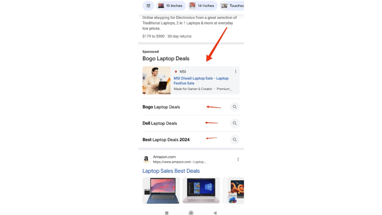 A mobile search results page showcases the new ads format with Google Sponsored Ads, featuring Bogo Laptop Deals, Dell Laptop Deals, and Best Laptop Deals 2024. Vibrant links and thumbnails are accompanied by arrows highlighting listings, and filter options help refine choices.