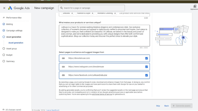 The Google Ads campaign setup page for PMax Campaigns features a page-specific input section for ad text and a tool that suggests image assets by entering URLs. A text box allows you to describe your product or service, while links to three websites offer curated image suggestions.