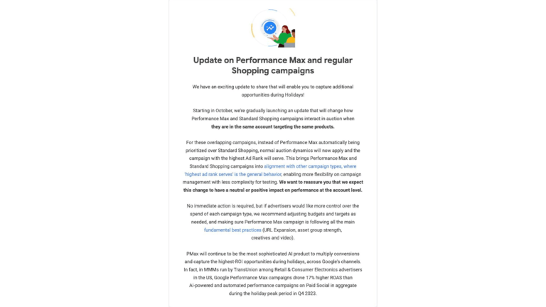 An announcement about updates to Performance Max and regular Shopping campaigns, effective from October, introduces Auto Draft features. These changes enhance performance, flexibility, and reporting with no advertiser action required—offering improved insights automatically.