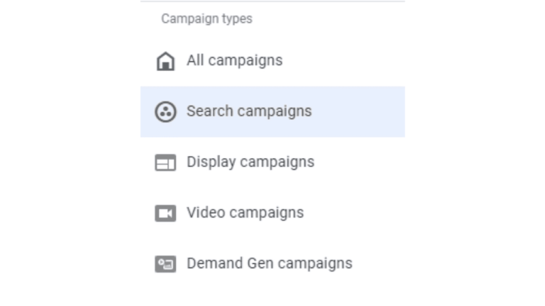 A screenshot of a menu labeled "Campaign types" showcasing icons and options: All campaigns, Search campaigns (highlighted), Display campaigns, Video campaigns, Demand Gen campaigns, and Auto Draft.