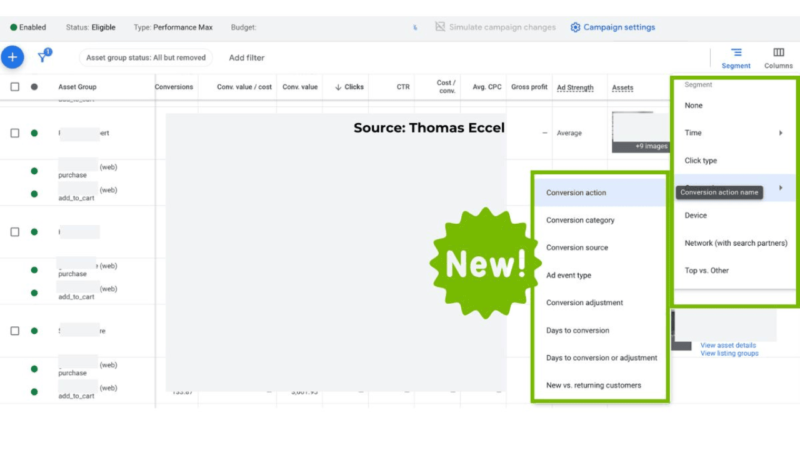 A screenshot of a digital analytics dashboard reveals various data columns like "Conversion action" and "Conversion category." A green splat with the word "New!" highlights a dropdown menu labeled "Segment," while an Auto Draft option streamlines updates efficiently.