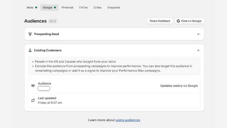 Screenshot of a webpage titled "Audiences v2.3" displaying a section for "Existing Customers." It includes instructions on excluding this audience from prospecting and utilizing it in remarketing campaigns with Shopify Audiences, along with update details.
