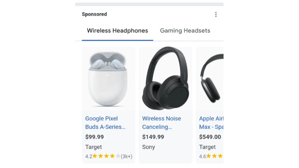 An online shopping page features tabs with three subcategories of wireless headphones: Google Pixel Buds A-Series for $99.99, Sony Wireless Noise Canceling headphones for $149.99, and Apple AirPods Max for $549.00, each with star ratings displayed below.