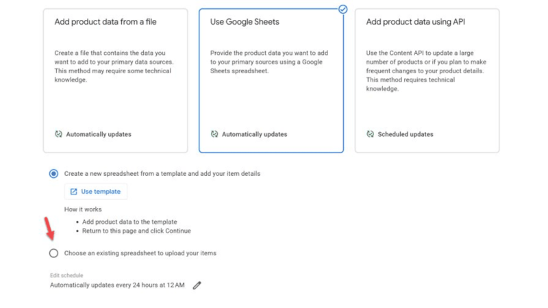 Screenshot of a Merchant Center webpage displaying product feed options: uploading from a file, integrating with Google Sheets, or connecting via API. A red arrow highlights the Google Sheets option, with automatic updates every 24 hours at 11:42 AM.