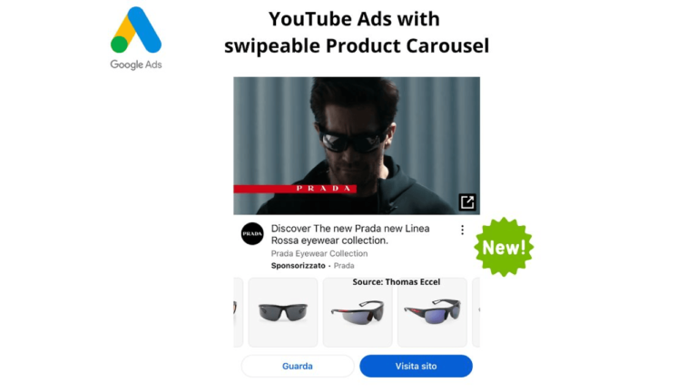 An image showcasing a Google Ads example for a Prada product carousel highlights a man in sunglasses, with various eyewear options displayed below. A "New!" label catches the eye, as if crafted by Auto Draft to ensure seamless ad creativity.