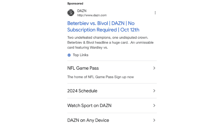 Screenshot of a DAZN ad for the boxing match between Beterbiev and Bivol on October 12th, featuring text that highlights "No Subscription Required." Below, discover top links like NFL Game Pass, 2024 Schedule, and options to watch sports on DAZN.