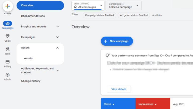 Screenshot of a digital advertising dashboard showing a navigation menu with options like Overview, Recommendations, and Assets. A new campaign button is present. A performance summary is displayed, with blurred text and metrics like Clicks and Impressions.