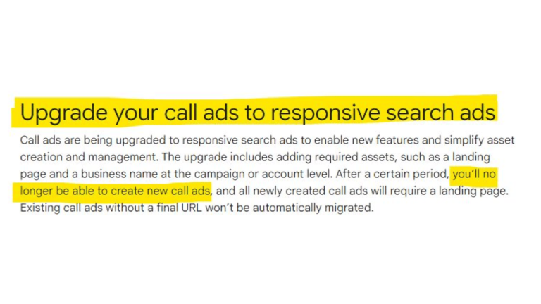 Highlighted text instructs to upgrade call ads to responsive search ads, emphasizing improvements and the eventual prohibition of new call ads creation without a landing page. Auto Draft indicates that existing ads lacking a final URL won't be migrated.