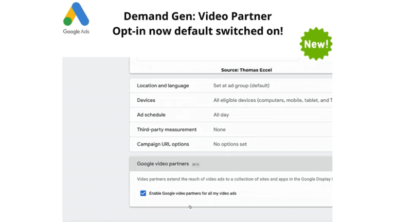 Screenshot of Google Ads interface showcasing a message about Demand Gen Video Partner Opt-in. It features settings for location, language, devices, and a checkbox to enable Google video partners, alongside an Auto Draft feature. A green "New!" label is prominently displayed in the top corner.