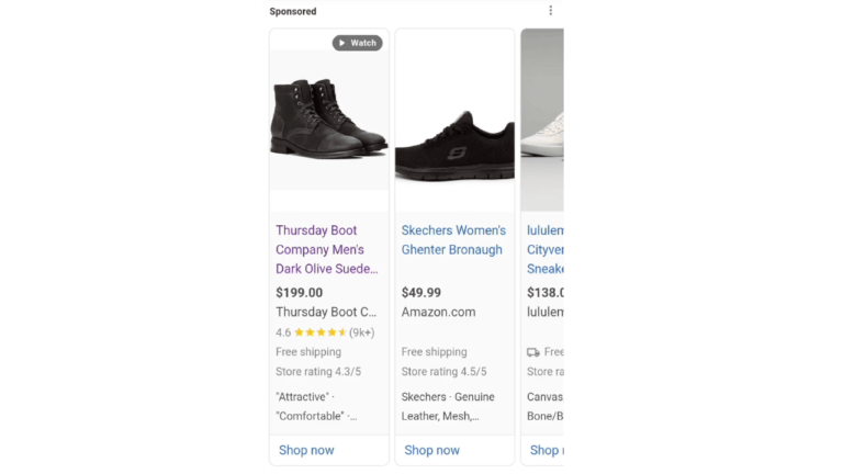 A Google shopping ad showcases three pairs of shoes: black men's boots by Thursday Boot Company, black Skechers women's shoes, and a white canvas sneaker. Prices are shown alongside customer ratings and store details, echoing Google's testing approach for engaging watchable content.