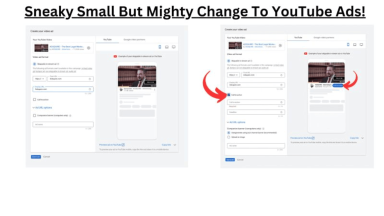 Two side-by-side screenshots reveal a sneaky small but mighty change in YouTube's ad placement settings. Red arrows point to differences, with "Auto Draft" subtly noted below the updated interface on the right. Text above reads: "Sneaky Small But Mighty Change To YouTube Ads!".