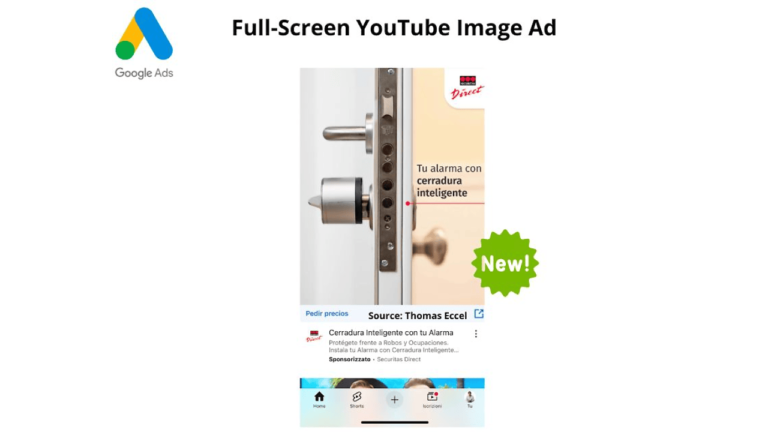 A full-screen YouTube image ad for Google Ads showcases a smart lock on a door with Spanish text: "Tu alarma con cerradura inteligente." A green "New!" label pops on the right, highlighting the innovation. The bottom features app icons, integrating Demand Gen strategy seamlessly.