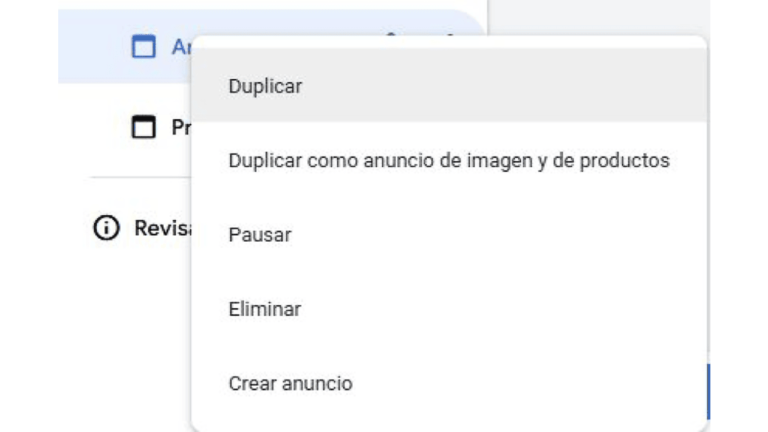 A close-up of a dropdown menu in a software interface highlights options in Spanish: "Duplicar," "Duplicar como anuncio de imagen y de productos," and "Pausar." Featuring tools for Ad Duplication, it streamlines processes like "Eliminar" and preparing Demand Gen with "Crear anuncio.