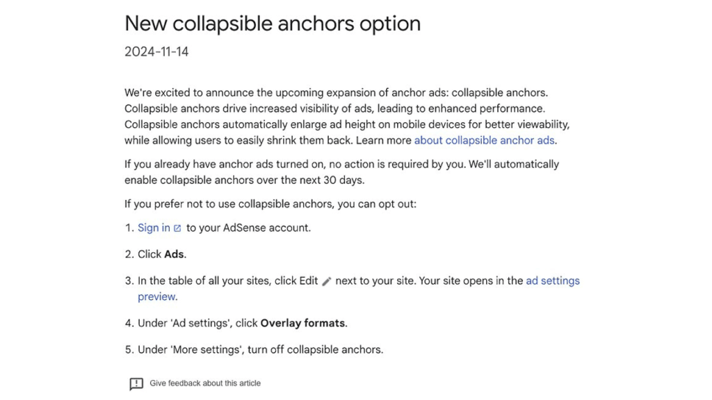 Screenshot of a Google announcement introducing a new collapsible anchors option for mobile anchor ads. The text highlights the benefits, explains automatic activation, and provides opt-out instructions.