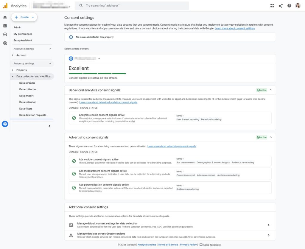 Google Analytics Consent settings page showing "Excellent" status. Consent mode, behavioral analytics, and advertising consent signals are all active, with sections detailing their impact and information on signals received.