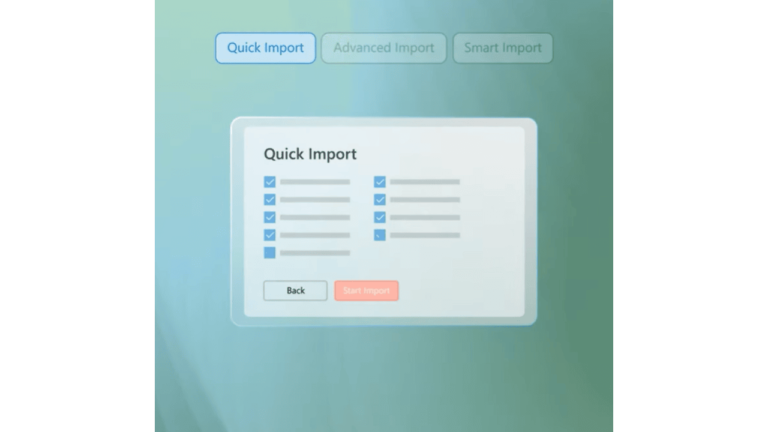 A digital interface displays the "Quick Import" tab selected, ideal for managing your Google Ads. Below, a list with checkboxes accompanies a table. At the bottom are buttons labeled "Back" and "Start Import," with "Start Import" prominently highlighted in red.