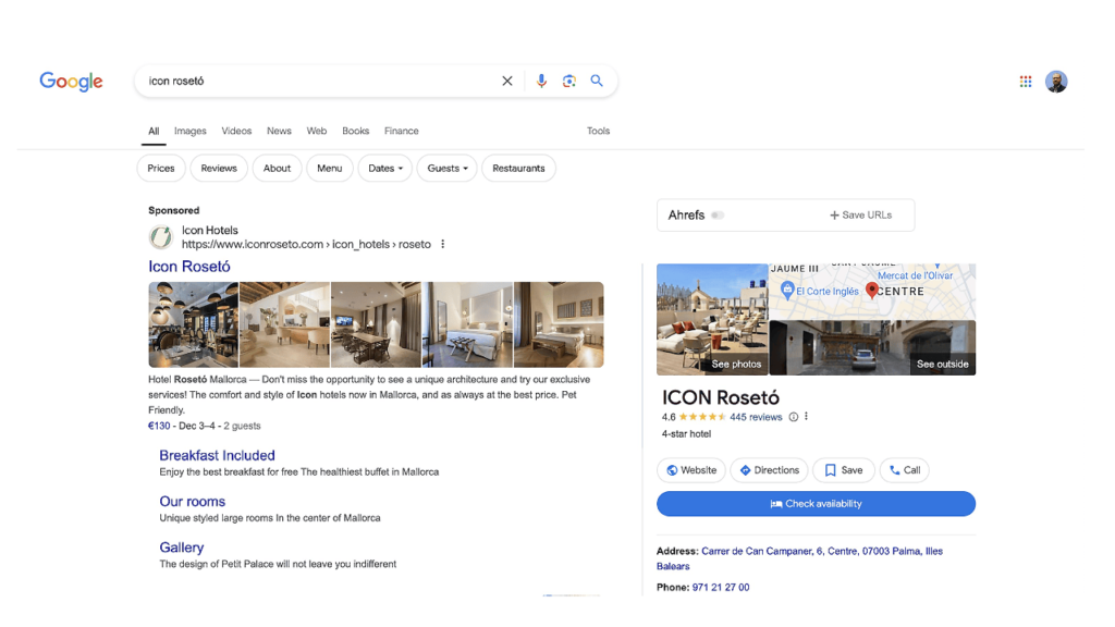 Screenshot of Google search results for "Icon Rosetó." On the left, a sponsored result showcases Icon Rosetó Hotel using Google's Travel Ad Format, complete with images and details. On the right, a map and information panel reveal the hotel location, reviews, and contact options.