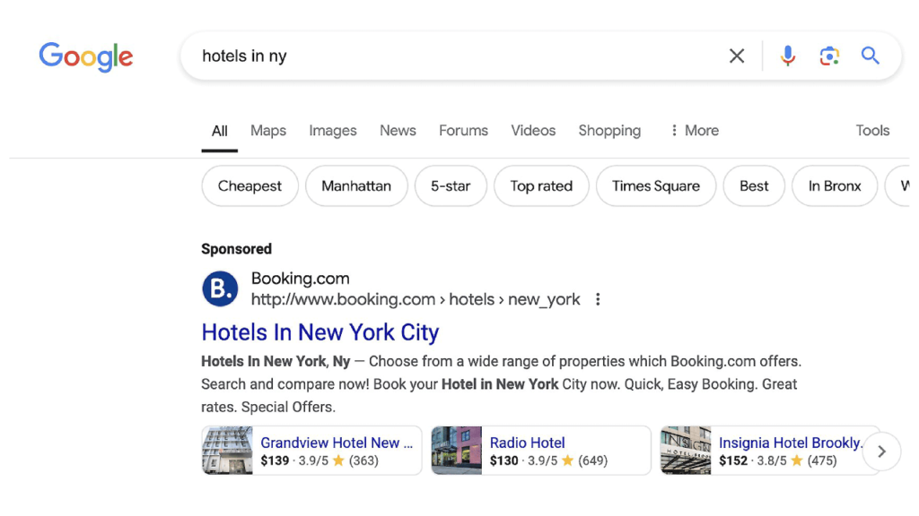 Google's search results page for "hotels in ny" displays a travel-themed sponsored ad from Booking.com. It features options like Grandview Hotel New York and Radio Hotel, complete with prices. The search bar suggests related terms like "Cheapest" and "5-star," showcasing Google's ad format.
