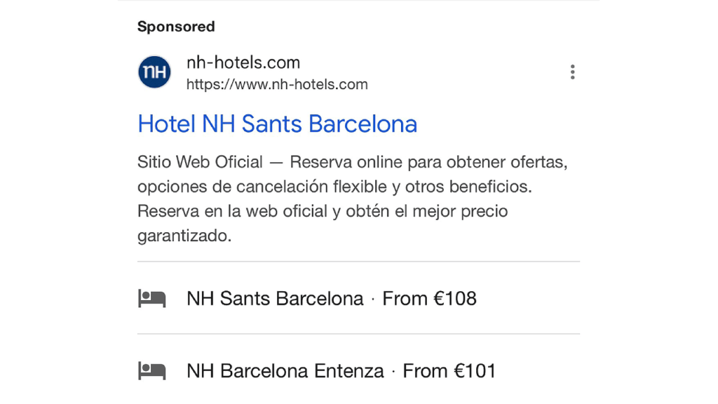 Discover NH Hotels in Barcelona with "Hotel NH Sants Barcelona" starting at €108 and "NH Barcelona Entenza" from €101. Enjoy flexible cancellations and the best price guaranteed on our official website. Perfect for your next getaway, optimized for Google Travel Ad format.