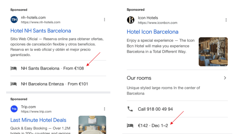 Search Ads for hotels in Barcelona reveal listings for NH Sants Barcelona starting at €108 and Icon Hotel Barcelona at €142, featuring various travel amenities and contact details.
