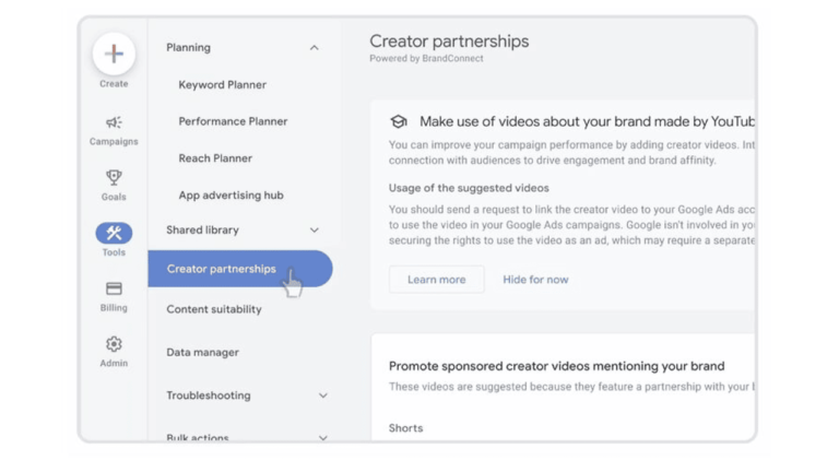 Screenshot of a Google Ads interface displaying the "Creator partnerships" section. A cursor hovers over "Creator partnerships" in the "Tools" menu, highlighting options for leveraging YouTube creators and Shorts videos to boost brand campaigns using Demand Gen strategies.